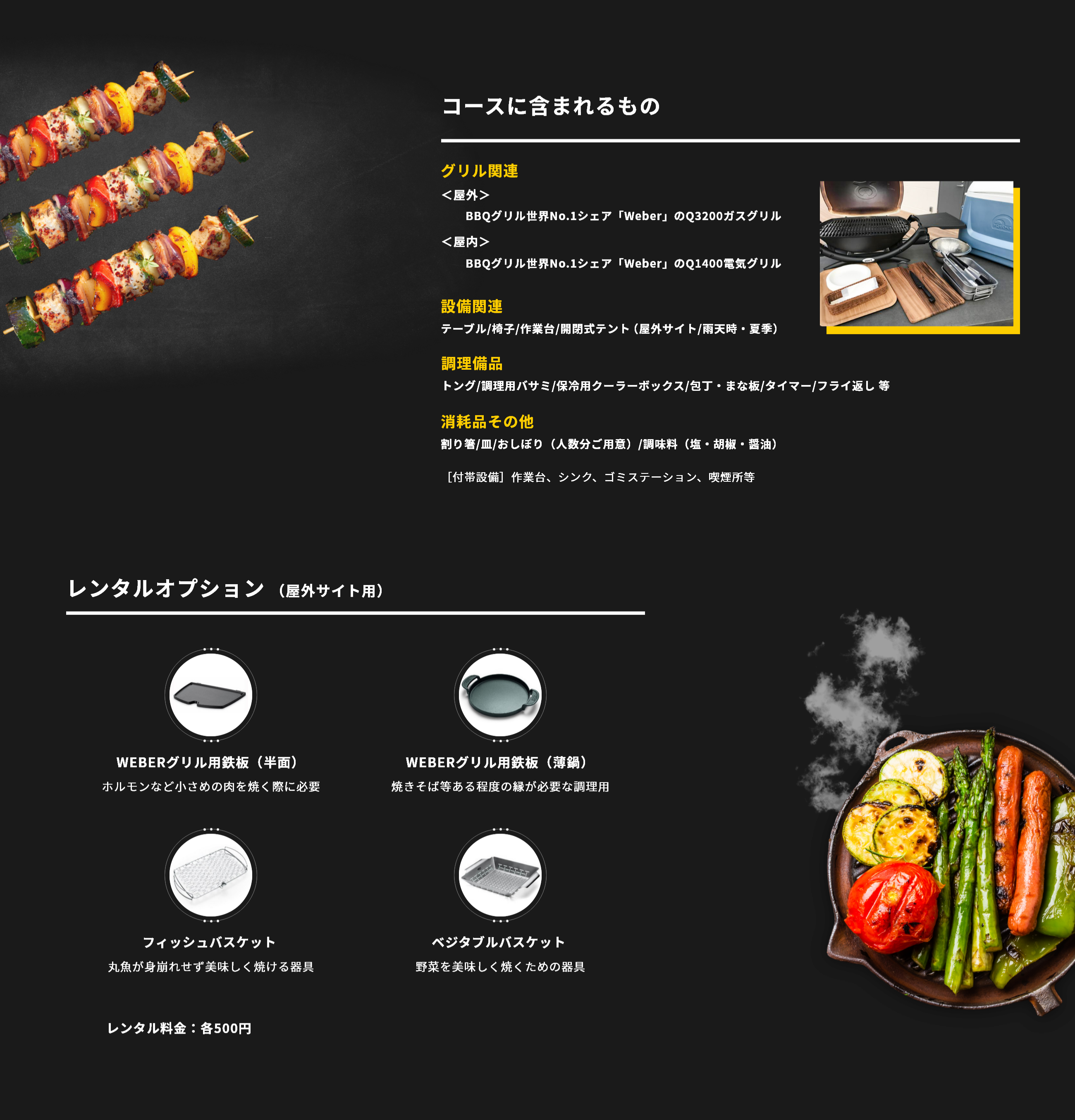 コースセットに含まれるもの　グリル関連　＜屋外＞BBQグリル世界No.1シェア「Weber」のQ3200ガスグリル　＜屋内＞BBQグリル世界No.1シェア「Weber」のQ1400電気グリル UFOチーズフォンデュご予約のお客様には専用カセットコンロを貸出します。設備関連　テーブル/椅子/作業台/開閉式テント（屋外サイト/雨天時・夏季）　調理備品　トング/調理用バサミ/保冷用クーラーボックス/包丁・まな板/タイマー/フライ返し等　消耗品その他　割り箸/紙皿/コップ/おしぼり（人数分ご用意）/調味料(塩・胡椒・醤油）　［付帯設備］作業台、シンク、ゴミステーション、喫煙所等　レンタルオプション（屋外サイト用）　WEBERグリル用鉄板（半面）　ホルモンなど小さめの肉を焼く際に必要　WEBERグリル用鉄板（薄鍋）　焼きそば等ある程度の縁が必要な調理用　フィッシュバスケット　丸魚が身崩れせず美味しく焼ける器具　ベジタブルバスケット　野菜を美味しく焼くための器具　レンタル料金：各500円