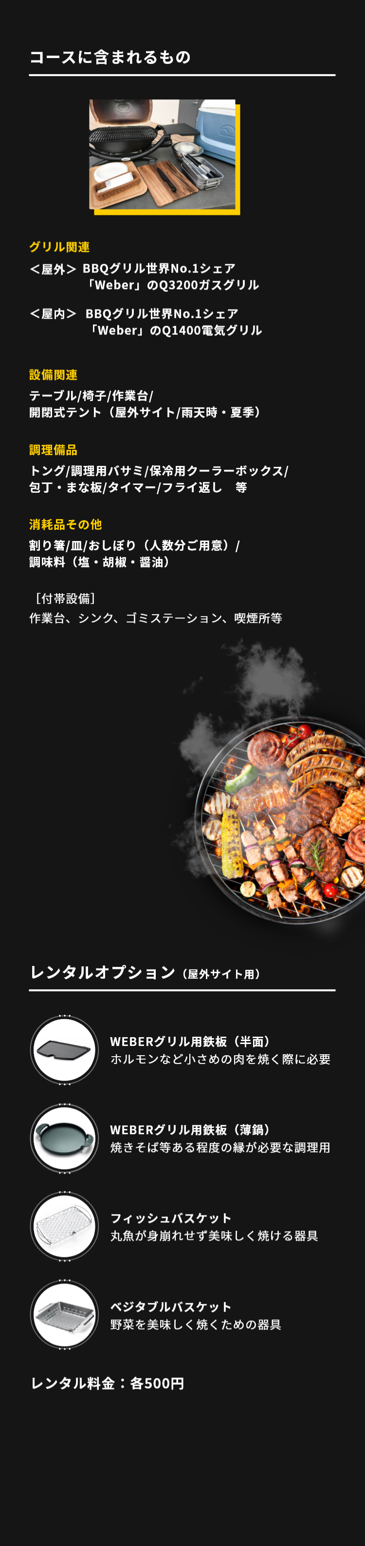 コースセットに含まれるもの　グリル関連　＜屋外＞BBQグリル世界No.1シェア「Weber」のQ3200ガスグリル＜屋内＞BBQグリル世界No.1シェア「Weber」のQ1400電気グリル　UFOチーズフォンデュご予約のお客様には専用カセットコンロを貸出します。設備関連　テーブル/椅子/作業台/開閉式テント（屋外サイト/雨天時・夏季）　調理備品　トング/調理用バサミ/保冷用クーラーボックス/包丁・まな板/タイマー/フライ返し等　消耗品その他　割り箸/紙皿/コップ/おしぼり（人数分ご用意）/調味料(塩・胡椒・醤油）　［付帯設備］作業台、シンク、ゴミステーション、喫煙所等　レンタルオプション（屋外サイト用）　WEBERグリル用鉄板（半面）　ホルモンなど小さめの肉を焼く際に必要　WEBERグリル用鉄板（薄鍋）　焼きそば等ある程度の縁が必要な調理用　フィッシュバスケット　丸魚が身崩れせず美味しく焼ける器具　ベジタブルバスケット　野菜を美味しく焼くための器具　レンタル料金：各500円